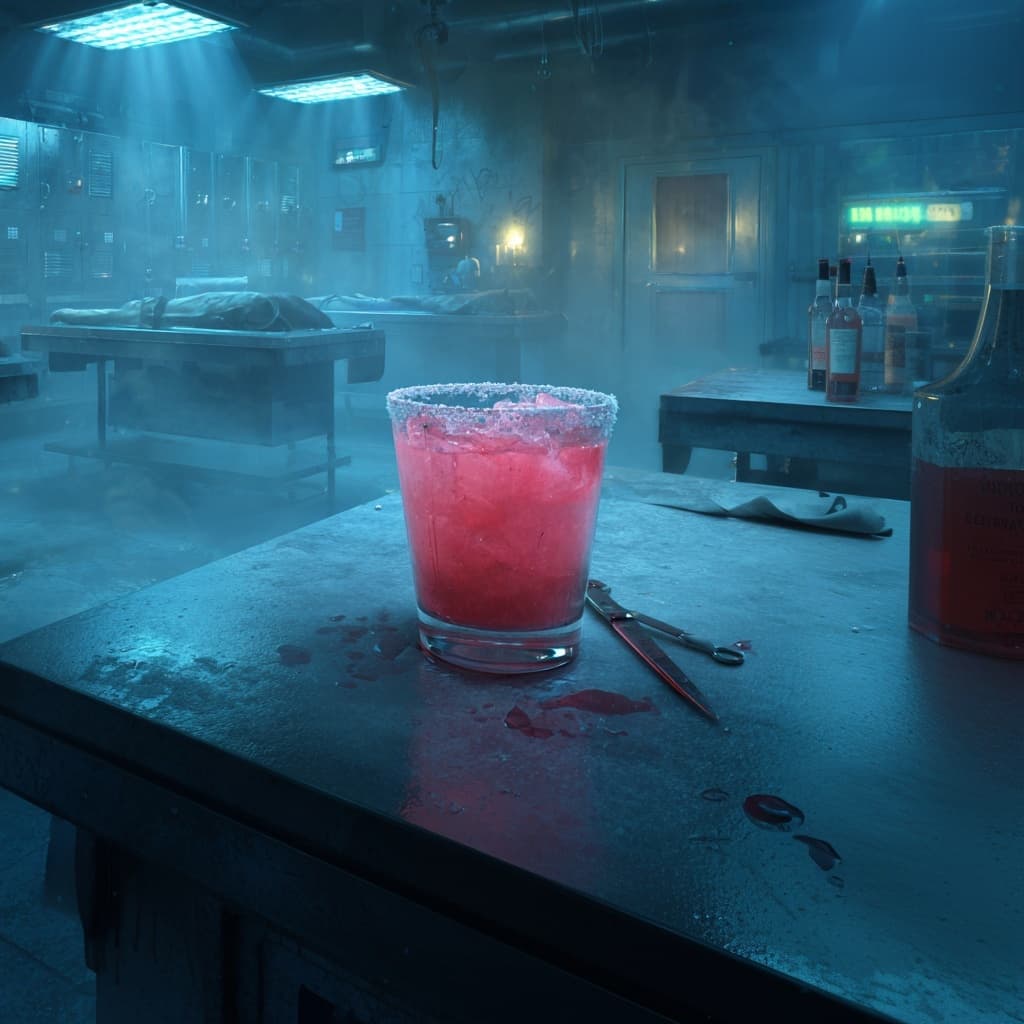 Blood-red themed cocktail with a sugared rim on a steel table in a fog-filled morgue